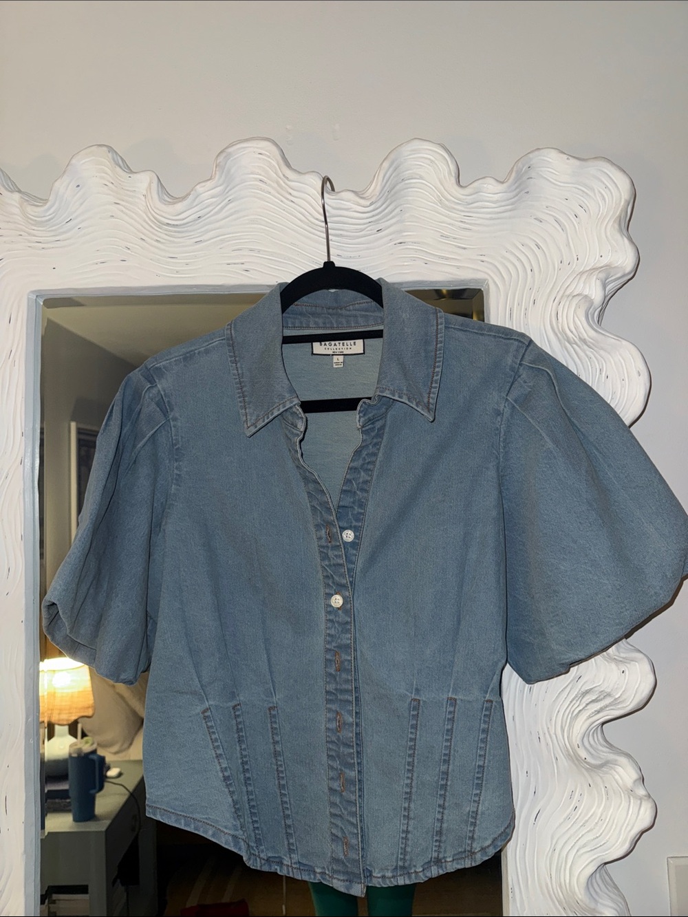 bagatelle Light Blue Denim Button Down Shirt w/ Puff Sleeves - Sz L